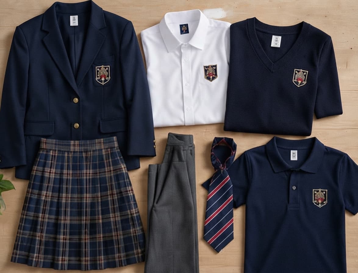 Colecție de uniformă școlară: sacou, cămașă, tricou polo, fustă în carouri, pantaloni și cravată cu emblema școlii